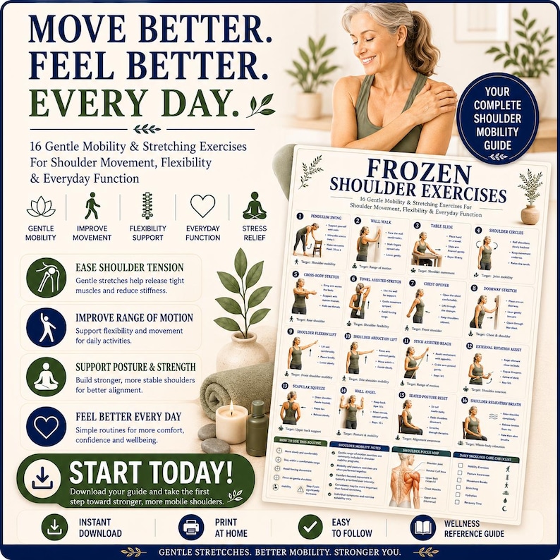 K&ouml;nnte beinhalten: Ein digitaler Leitfaden mit dem Titel Frozen Shoulder Exercises, der 16 sanfte Mobilit&auml;ts- und Dehn&uuml;bungen f&uuml;r Schulterbewegung, Flexibilit&auml;t und t&auml;gliche Funktionen enth&auml;lt. Das Dokument umfasst nummerierte Illustrationen, Anleitungen und ein anatomisches Diagramm.