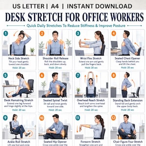 May include: A printable guide titled "DESK STRETCH FOR OFFICE WORKERS" with 12 illustrated exercises to reduce stiffness and improve posture. Each exercise shows a person performing a stretch, with instructions and hold times.