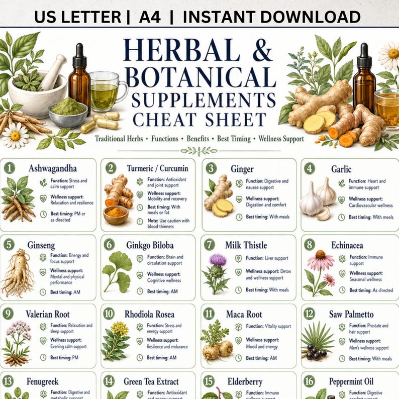 Herbal & Botanical Supplements Cheat Sheet Printable, Herbal Wellness Guide PDF, Ashwagandha Turmeric Ginger Adaptogen Reference image 1