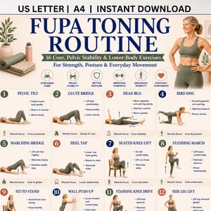 May include: A digital exercise chart titled FUPA TONING ROUTINE featuring 16 core, pelvic stability, and lower-body exercises. The layout includes numbered instructions with illustrations of a person performing movements like pelvic tilts and glute bridges.