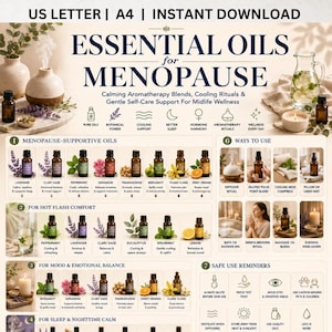 May include: A poster with the title "ESSENTIAL OILS for MENOPAUSE" features various essential oil bottles and usage suggestions. The poster includes sections on supportive oils, hot flash comfort, mood balance, sleep, and safe use reminders. The poster is designed for instant download.
