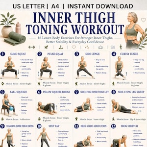 Può includere: Una tabella di allenamento intitolata INNER THIGH TONING WORKOUT, che presenta 12 illustrazioni numerate con istruzioni testuali, etichette per i muscoli coinvolti e icone. L'intestazione specifica i formati US LETTER e A4.