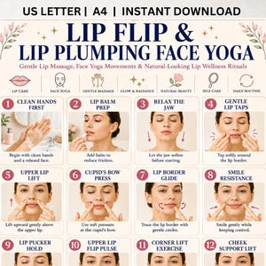 May include: An instructional chart titled LIP FLIP & LIP PLUMPING FACE YOGA featuring twelve numbered steps with text and illustrations demonstrating facial massage techniques for lip care, including clean hands, balm prep, and various jaw and lip movements.