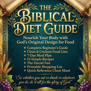 Puede incluir: Una portada de libro con el título "The Biblical Diet Guide" en letras doradas. La portada es de color verde azulado con detalles dorados, espigas de trigo y uvas. El texto incluye "Nutre tu cuerpo con el diseño original de Dios para la comida".