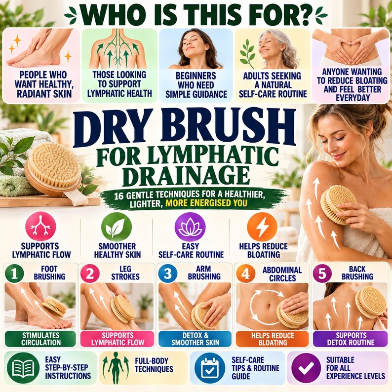 May include: A round wooden dry brush with natural bristles, featured in an instructional infographic titled Dry Brush for Lymphatic Drainage. The image includes diagrams and text explaining techniques for foot, leg, arm, abdominal, and back brushing.