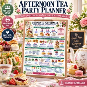 Pode incluir: Um planeador de festas de chá da tarde num prancheta, com um guia detalhado para o menu e quantidades de sanduíches, scones e chá por convidado, com ilustrações coloridas de comida, um bule e motivos florais por todo o documento.