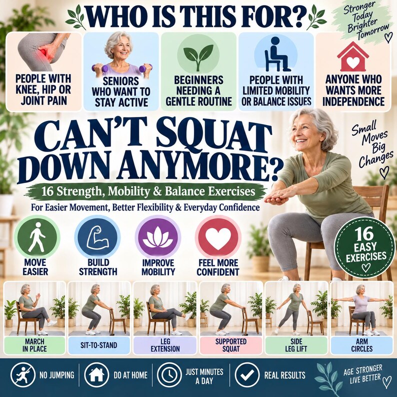 May include: An informational graphic titled Can't Squat Down Anymore? featuring 16 strength, mobility, and balance exercises. It includes text, icons, and photos of a person performing movements like marching, sit-to-stand, and arm circles.