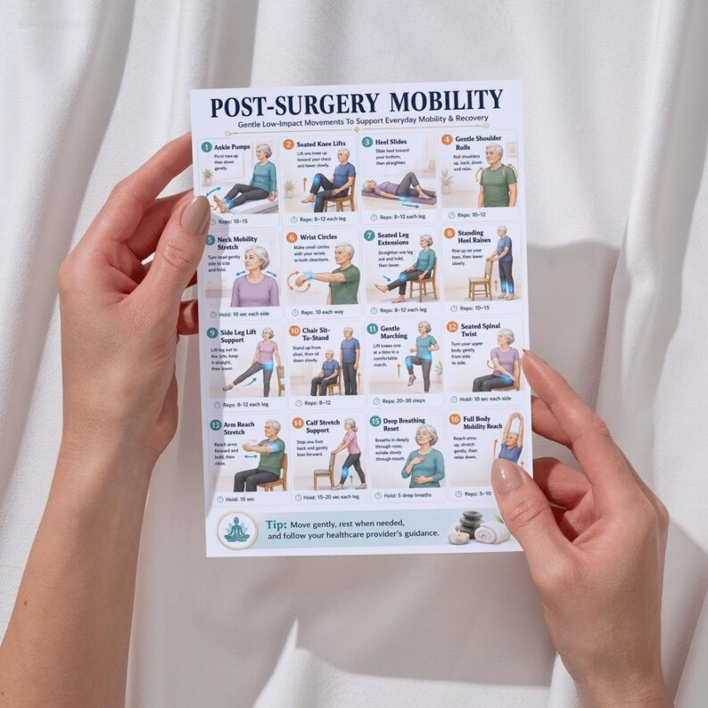 May include: A printed guide titled "POST-SURGERY MOBILITY" is held by a person. The guide features illustrations of gentle exercises to support everyday mobility and recovery. The exercises include ankle pumps, knee lifts, heel slides, and shoulder rolls.