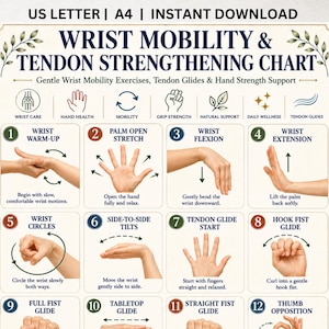 May include: A digital chart titled WRIST MOBILITY & TENDON STRENGTHENING CHART with the text US LETTER | A4 | INSTANT DOWNLOAD. It features twelve numbered instructional panels with illustrations of hand and wrist exercises and descriptive text.