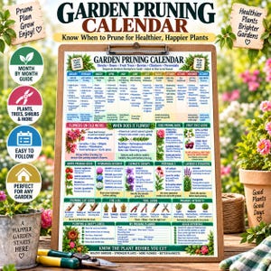 Op de afbeelding: Een snoeikalender voor de tuin op een klembord met een maandelijkse gids voor struiken, rozen, fruitbomen, bessen, klimplanten en vaste planten. De kaart bevat secties voor bloemsoorten, snoeimethoden, gereedschap en veiligheidsinstructies.