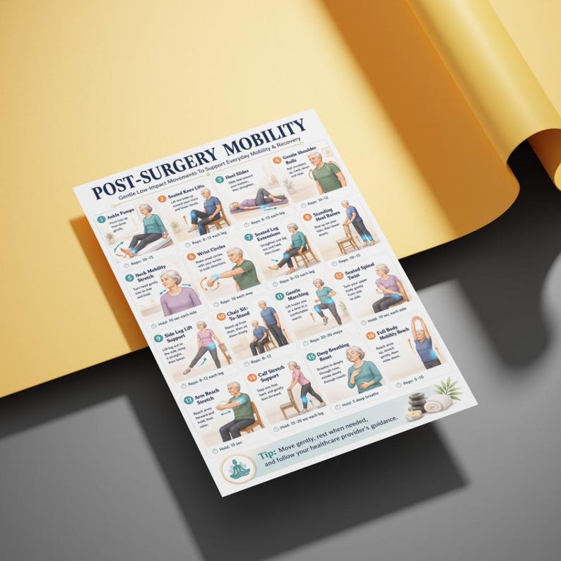 May include: A white poster titled "POST-SURGERY MOBILITY" with illustrations of gentle exercises. The poster includes text describing each exercise and a tip to move gently and follow healthcare guidance. The background is yellow and gray.