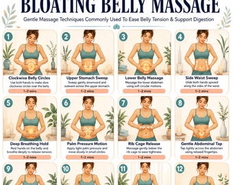 May include: A digital illustration detailing 12 gentle massage techniques for bloating relief. The image features step-by-step instructions with illustrations and text, including clockwise belly circles, upper stomach sweep, and deep breathing hold.