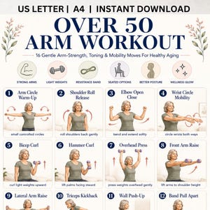 Op de afbeelding: Een digitale trainingsgids getiteld OVER 50 ARM WORKOUT, met 16 oefeningen voor armkracht, toning en mobiliteit. Het document bevat genummerde illustraties van een persoon die bewegingen uitvoert zoals cirkels en curls.