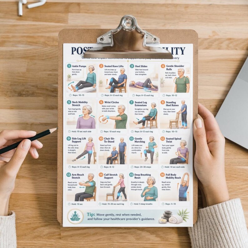 May include: A clipboard with a printed poster illustrating 16 low-impact exercises for everyday use. The poster includes diagrams and instructions for each exercise, such as ankle pumps, seated knee lifts, and heel slides. A hand holds a pencil, and another hand holds the clipboard.