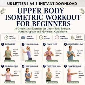 May include: A digital chart titled Upper Body Isometric Workout for Beginners, featuring 16 gentle static exercises. The layout includes eight numbered illustrations of individuals performing movements like wall pushes, prayer presses, and towel pulls.
