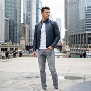 Blouson de motard en cuir bleu marine pour homme | Coupe ajustée, épaules structurées, col mandarin