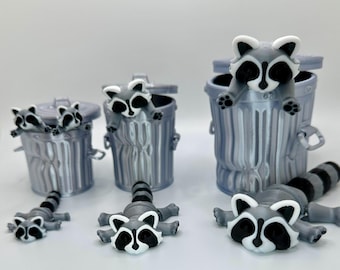 Adorable Trash Raccoon Articulating Fidget Toy - Includes Realistic Trash Can or Tree Stump - 3D Printed for Adults & Kids Alike