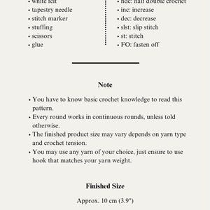 a document of crochet pattern of sylus grumpy crow from love and deepspace mobile game. The document includes a list of materials needed, abbreviations, and the finished size of the project, which is approximately 10 cm (3.9 inches).