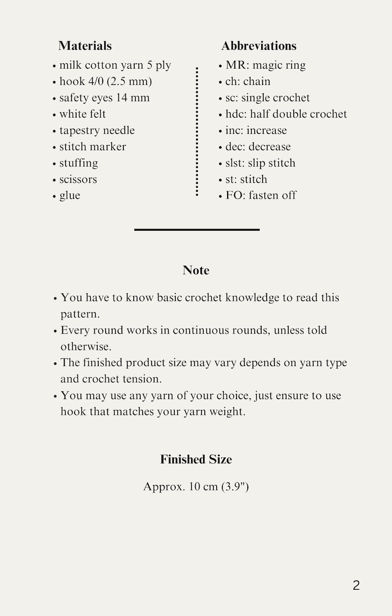 a document of crochet pattern of sylus grumpy crow from love and deepspace mobile game. The document includes a list of materials needed, abbreviations, and the finished size of the project, which is approximately 10 cm (3.9 inches).
