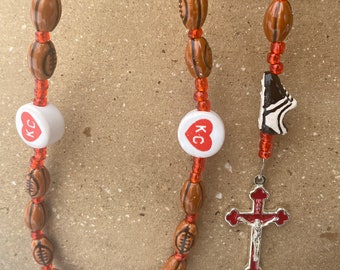 KC Chiefs Football Custom Themed Rosary - Personalized / Kansas City Chiefs Football Red KC HEART