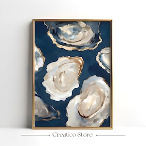 Oyster Shell Beachy Wall Art – Coastal Oil Painting Style with Gold Accents, Navy Blue Kitchen or Dining Room Decor, Digital Download Prints