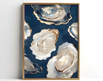 Oyster Shell Beachy Wall Art – Coastal Oil Painting Style with Gold Accents, Navy Blue Kitchen or Dining Room Decor, Digital Download Prints