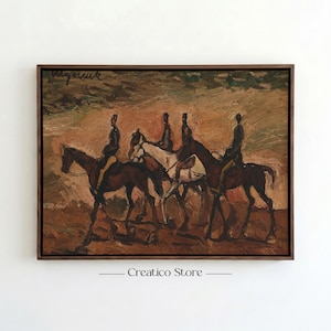 May include: An oil painting in a dark wood frame depicts five riders on horseback. The horses are various shades of brown and white, and the riders are silhouetted in dark colours. The background is a blend of brown and green hues.