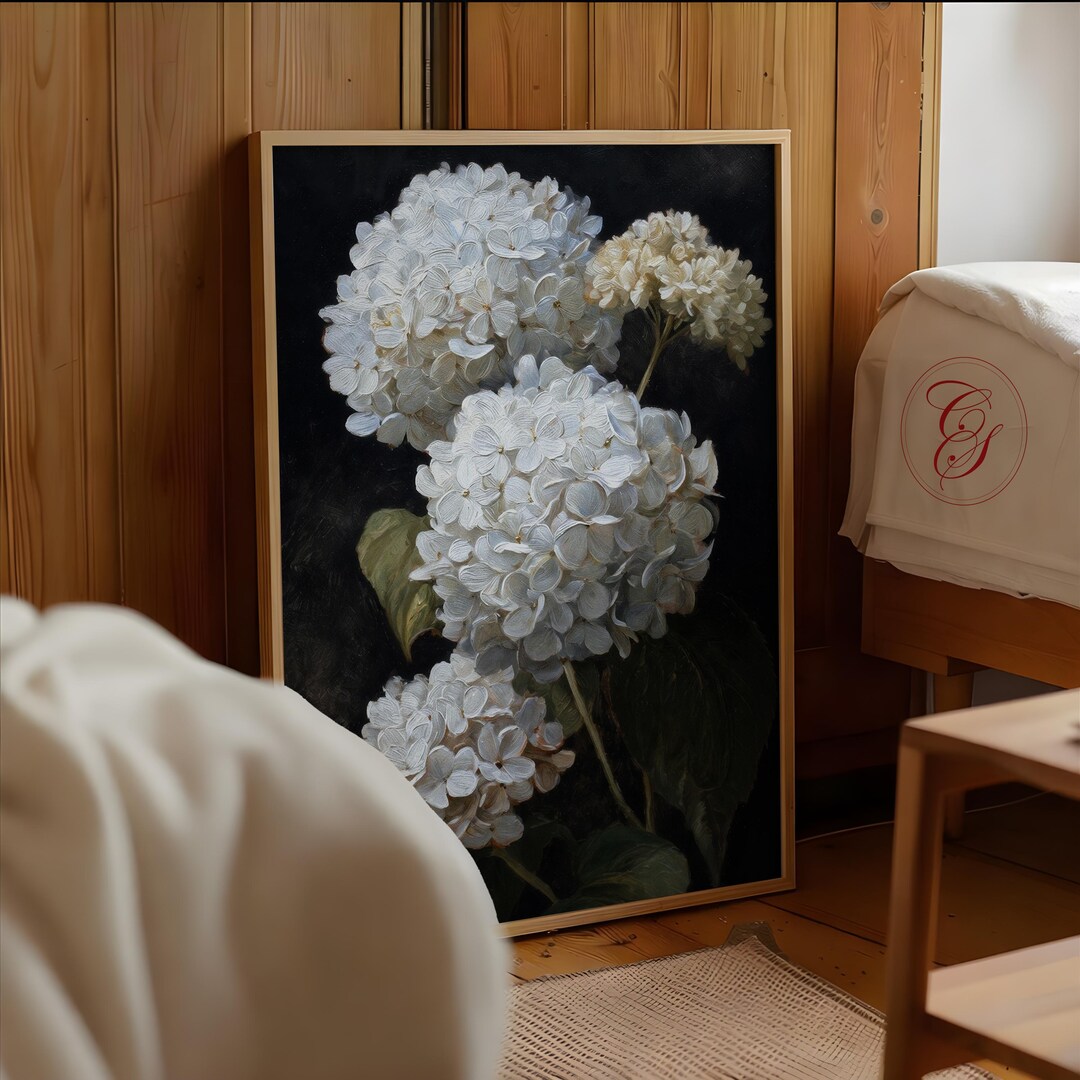 White Hydrangea Wall Art Moody Floral Painting, Dark Botanical Print ...