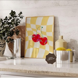 Retro Cherry Wall Art Print Y2K Aesthetic | Checkered Groovy Kitchen Art Printable Decor | Funky Vintage Fruit Poster | Digital Download
