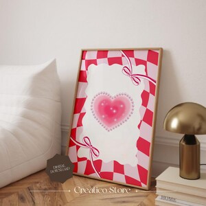 Retro Y2K Perle Herz kokett Ästhetik Rosa Adretter Poster Kariert Wand Kunst Wohnheim Zimmer Dekor Digital Download Trendy Girly Schlafzimmer Druck