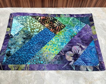 Batik Mug Rug in Greens and Purple, Small Coffee Tea Mat, Ready to Ship