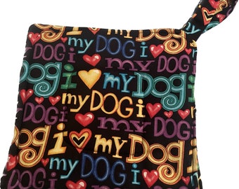 Dog Lovers Quilted Cotton Potholder Set, I love My Dog Print, Ready to Ship