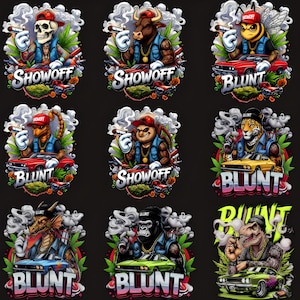 May include: Nine vibrant graphic designs showcasing cartoon characters like a skull, bull, bee, and gorilla, each smoking a cigar and wearing a cap. The designs feature the words "SHOWOFF" and "BLUNT" with cars and cannabis leaves.
