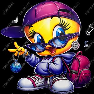 May include: A cartoon yellow bird wearing a purple and pink baseball cap, sunglasses, a blue jacket, and a pink backpack. The bird is holding a blue gem on a chain.