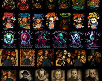 34 Halloween-skräckanime PNG-paket | T-shirtdesigner med skräckfilmskaraktärer | Sublimeringskonst för läskig tecknad skräck | Nedladdning i 300 DPI