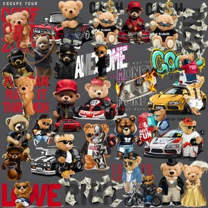 Può includere: Un collage di orsacchiotti in vari abiti e pose, tra cui guidare auto, indossare occhiali da sole e tenere in mano denaro. Gli orsi sono ambientati su uno sfondo grigio con testo e banconote.