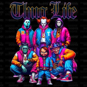 Puede incluir: Ilustración digital con seis personajes de terror de la cultura pop con ropa urbana colorida. La imagen incluye a Michael Myers, Pennywise, Jason Voorhees, el monstruo de Frankenstein, Chucky y Freddy Krueger, con el texto "Thug Life" en la parte superior.