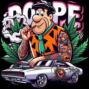 Peut inclure: Une illustration de dessin animé d'un personnage avec un tatouage d'une voiture, des fleurs et d'autres motifs. Le personnage tient une cigarette et porte une cravate. Le personnage se tient devant une voiture blanche avec un autocollant "Dope Zone" sur le côté. L'arrière-plan est un graffiti rose et vert.