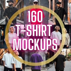 May include: A composite image displaying t-shirt mockups. A gold circular design in the centre features the text "160 T-SHIRT MOCKUPS" in white and pink. The surrounding images show people modelling t-shirts in various colours and styles.