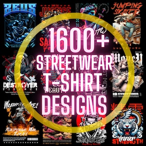 Könnte beinhalten: Eine Collage aus bunten grafischen T-Shirt-Designs mit verschiedenen Themen, darunter ein Samurai-Krieger, ein Tiger, ein Schädel und ein springender Skater. Der Text "1600+ STREETWEAR T-SHIRT DESIGNS" ist in einer großen, pinkfarbenen Schrift dargestellt.