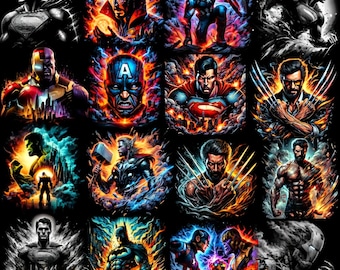 60 PNG-paket med superhjälte-t-shirts för barn | Tecknade karaktärsdesigner | Sublimeringsfiler för superhjältar | Digital nedladdning i 300 DPI för t-shirts i DTF-format