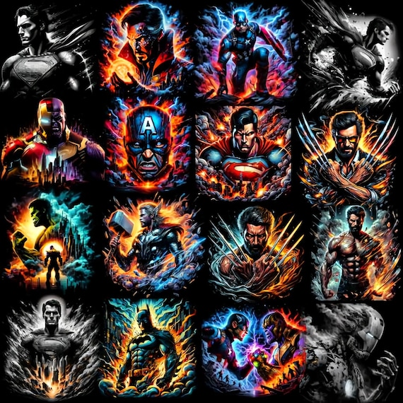 60 Kid's Superhero T-Shirt PNG Bundle | Cartoon Character Designs | Superhero Sublimation Files | 300 DPI Digital Download for T-Shirts DTF