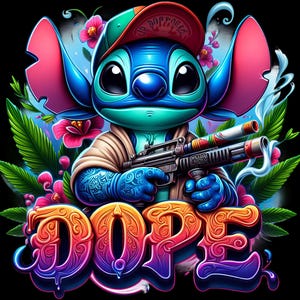 Könnte beinhalten: Eine blaue Comicfigur mit einer roten Baseballkappe, auf der das Wort "Dope" steht, hält eine Waffe und steht vor dem bunten, stilisierten Wort "Dope".