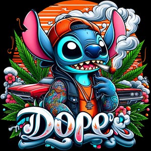 May include: A blue cartoon character with a red hat and tattoos, holding a lit joint and wearing a gold chain necklace. The character is standing in front of a red car with the word "Dope" written in large, stylized letters below. The background is a sunset with palm trees and smoke.