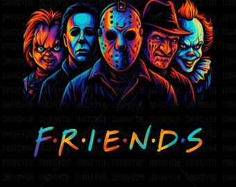 VÄNNER Halloween skräckfilmskaraktärer PNG | Spöklik läskig film T-shirtdesign Obehaglig tecknad streetwear sublimering | 300 DPI utskrivbar