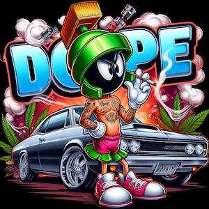 May include: A green cartoon character with a red bandana and a green hat, holding a lit cigarette, stands in front of a black car with the word "DOPE" in blue and white letters behind it.