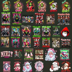 May include: A collection of Christmas-themed graphic designs featuring the Grinch and Santa Claus. The designs include text such as "Thug Life," "Merry Christmas," and "Ho's." The color palette includes green, red, and pink.
