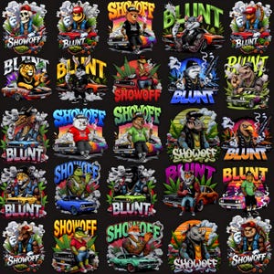 May include: A series of vibrant graphic designs showcasing animal characters in various poses, each with a distinct style, alongside cars and smoking. The designs incorporate the words "SHOWOFF" and "BLUNT" in bold, stylized fonts.