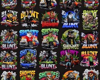 26 tecknade t-shirts i PNG-format | Designpaket med "BLUNT"-tema för cannabistema | Sublimering av cannabistecknad film i DTF-format | Digitalt | Transparent 300 dpi