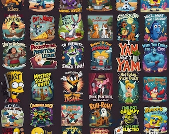 180+ tecknade t-shirts PNG- och SVG-filer | Barnkaraktärsdesign | Rolig tecknad sublimeringskonst | Digitala utskrivbara filer med 300 DPI